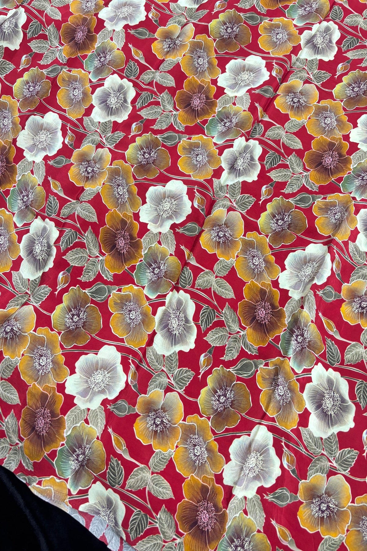 Classical Mustard & Cream Floral Printed Passion Red Crepe Fabric