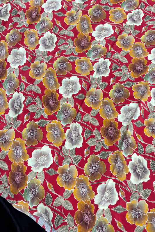 Classical Mustard & Cream Floral Printed Passion Red Crepe Fabric