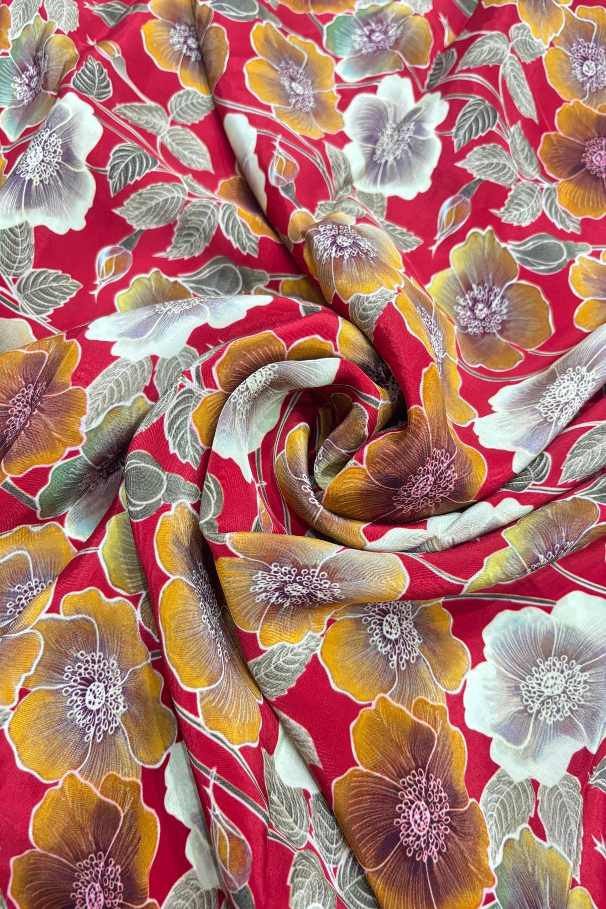 Classical Mustard & Cream Floral Printed Passion Red Crepe Fabric