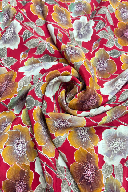Classical Mustard & Cream Floral Printed Passion Red Crepe Fabric