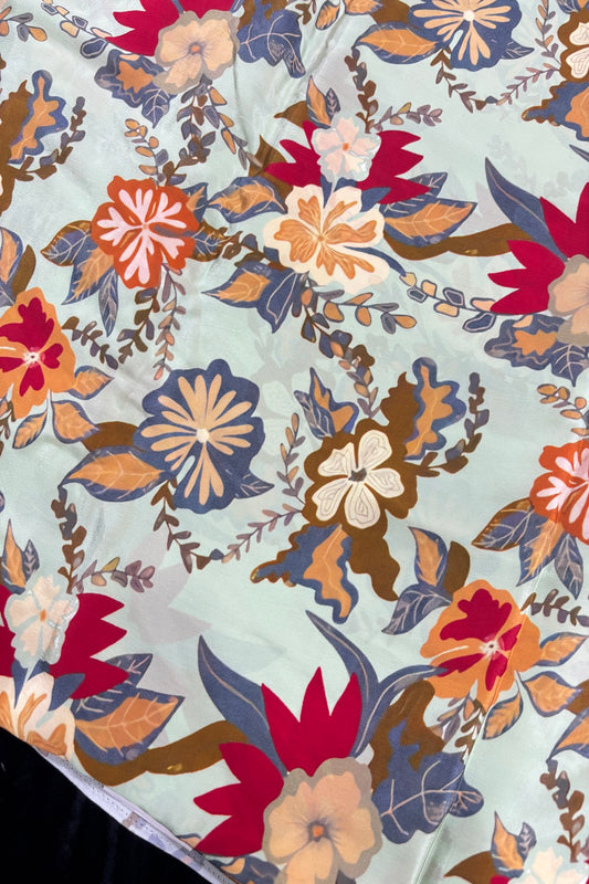 Abstract Red & Grey Seafoam Green Floral Printed Crepe Fabric