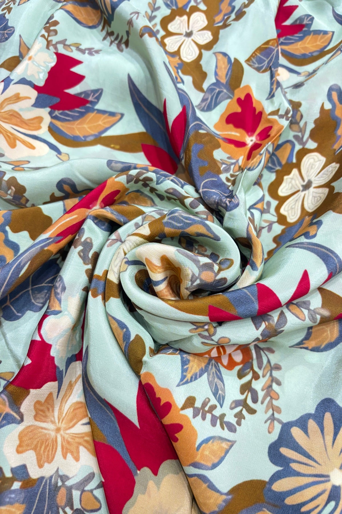 Abstract Red & Grey Seafoam Green Floral Printed Crepe Fabric
