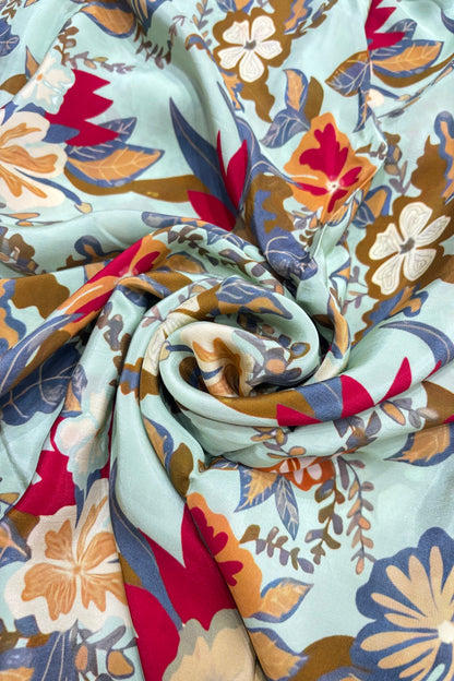 Abstract Red & Grey Seafoam Green Floral Printed Crepe Fabric