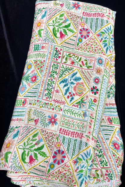 Off White Geometrical Blocked Floral Printed Crepe Fabric