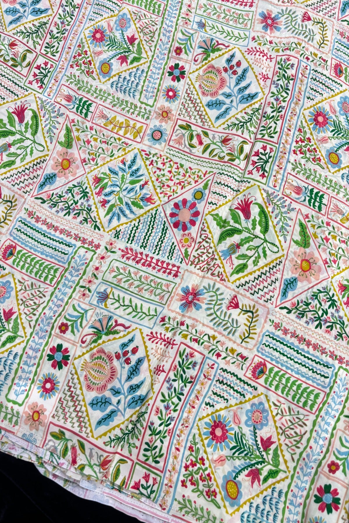 Off White Geometrical Blocked Floral Printed Crepe Fabric