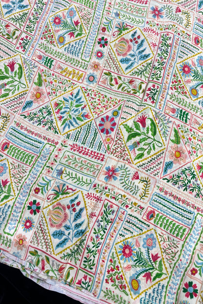 Off White Geometrical Blocked Floral Printed Crepe Fabric