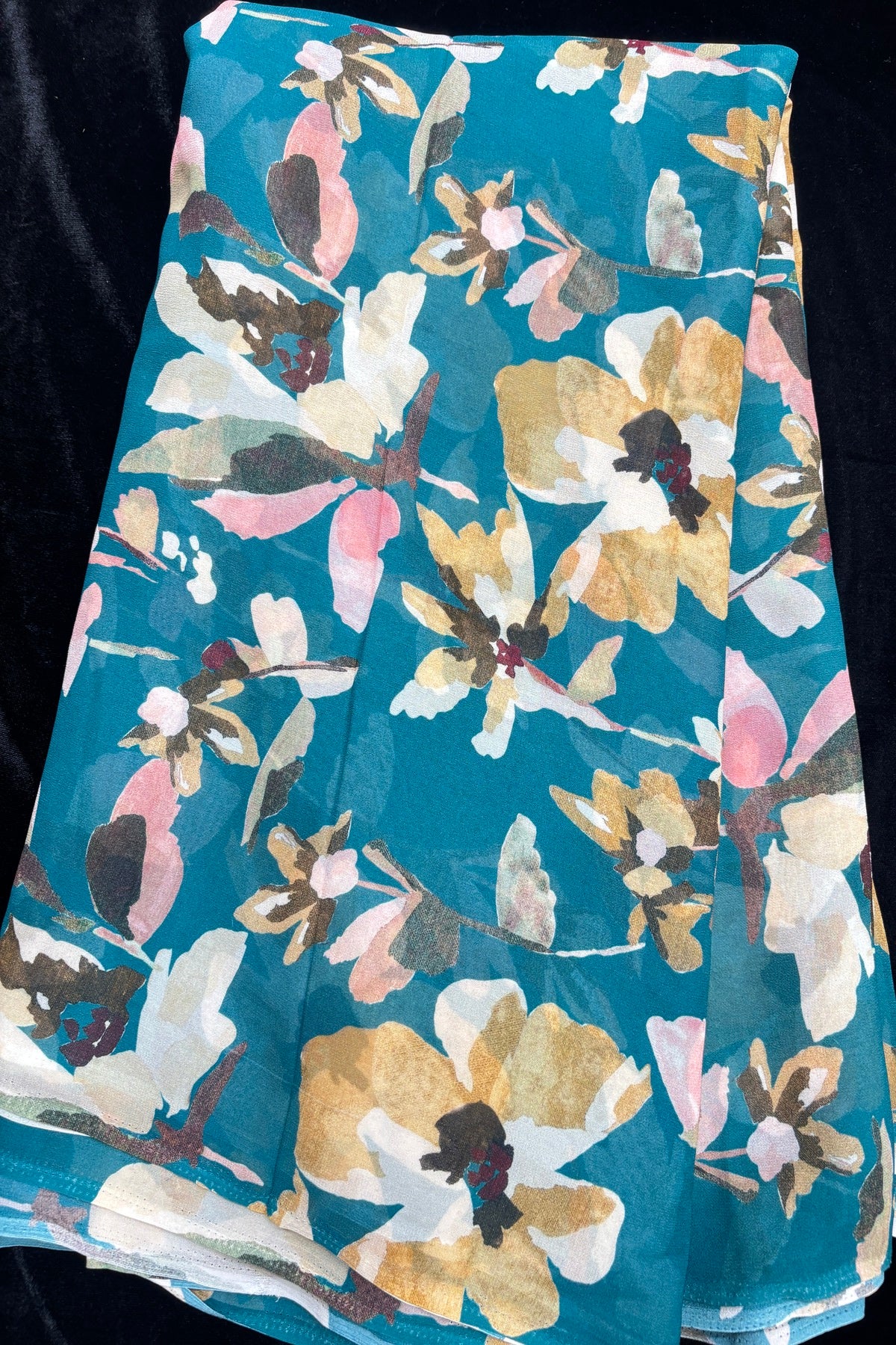 Abstract Mustard Deep Teal Green Floral Pure Viscose Georgette Fabric