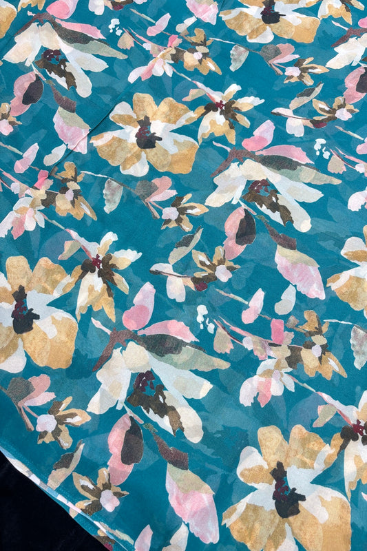 Abstract Mustard Deep Teal Green Floral Pure Viscose Georgette Fabric