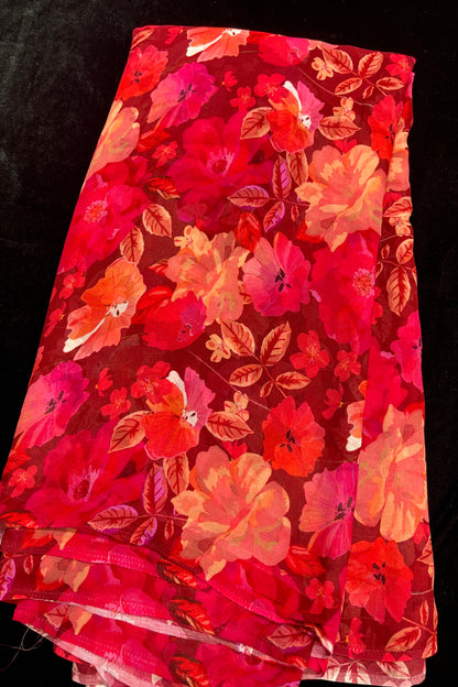 Radiant Pink & Water Color Floral Printed Classic Maroon Pure Viscose Georgette Fabric