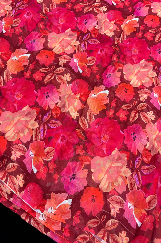 Radiant Pink & Water Color Floral Printed Classic Maroon Pure Viscose Georgette Fabric