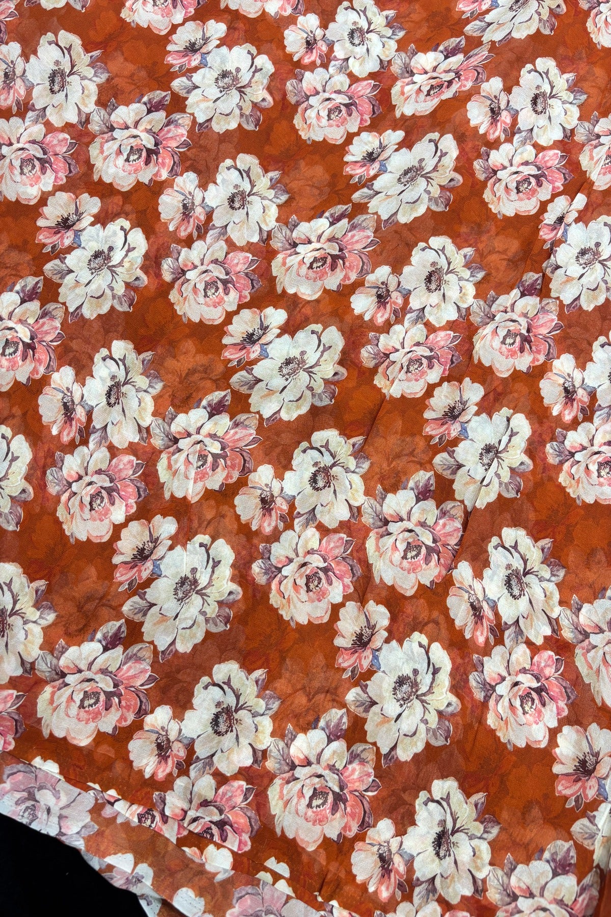 Vintage Peony's Floral Printed Brick Red Pure Viscose Georgette Fabric