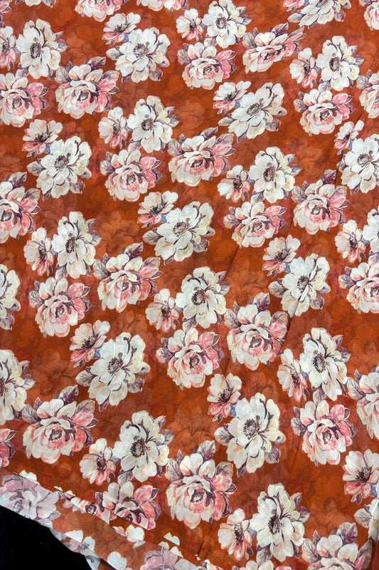 Vintage Peony's Floral Printed Brick Red Pure Viscose Georgette Fabric