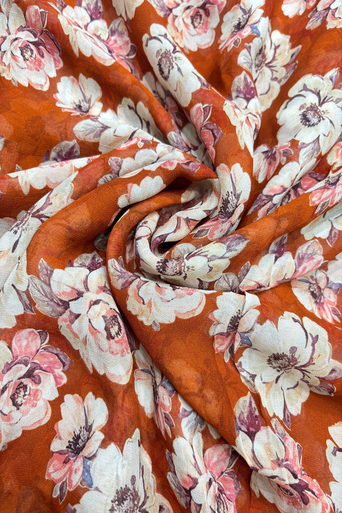 Vintage Peony's Floral Printed Brick Red Pure Viscose Georgette Fabric