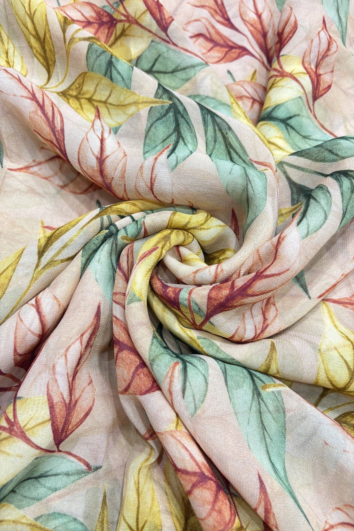 Autumn Leaves Printed Cozy Peach Pure Viscose Georgette Fabric