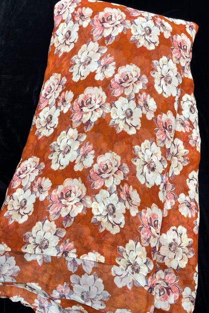 Vintage Peony's Floral Printed Brick Red Pure Viscose Georgette Fabric