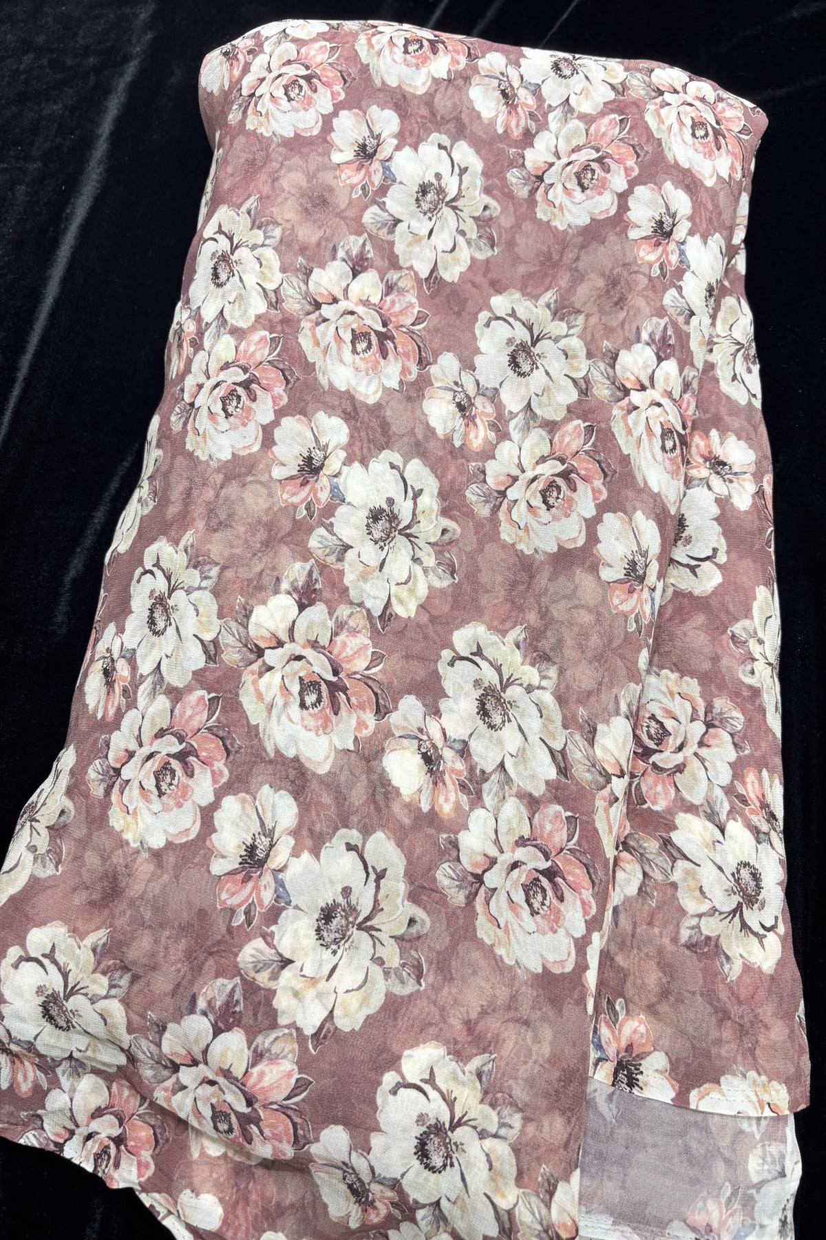 Vintage Peony's Floral Printed Rosy Brown Pure Viscose Georgette Fabric