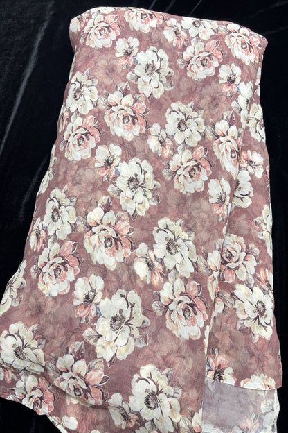 Vintage Peony's Floral Printed Rosy Brown Pure Viscose Georgette Fabric
