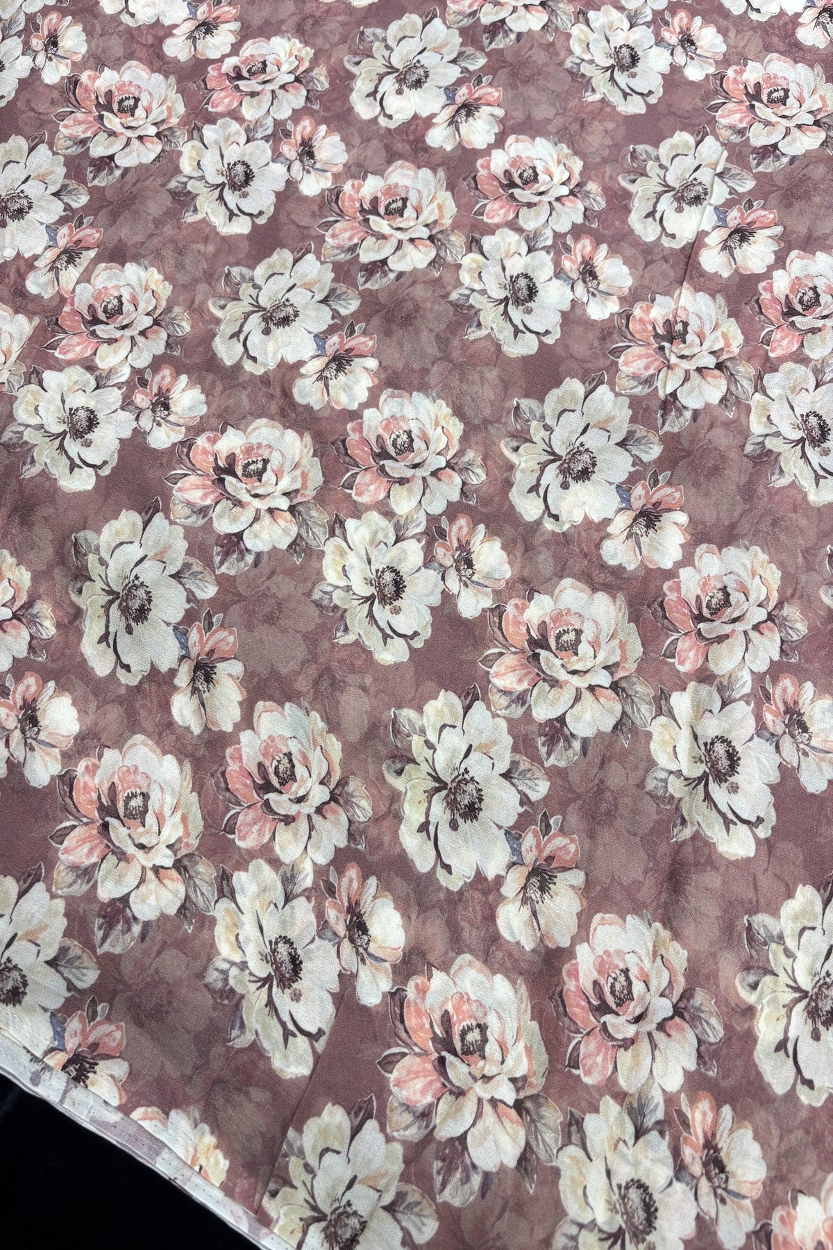 Vintage Peony's Floral Printed Rosy Brown Pure Viscose Georgette Fabric