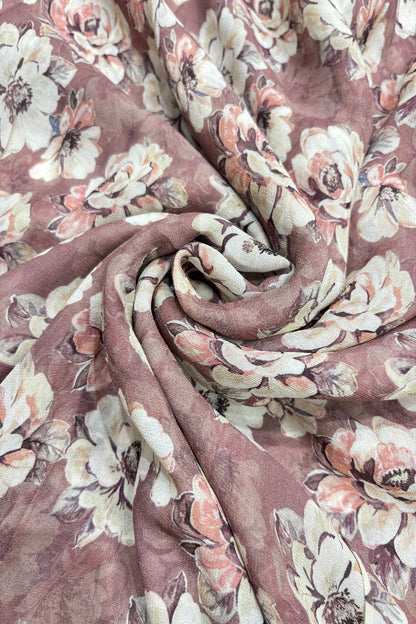 Vintage Peony's Floral Printed Rosy Brown Pure Viscose Georgette Fabric