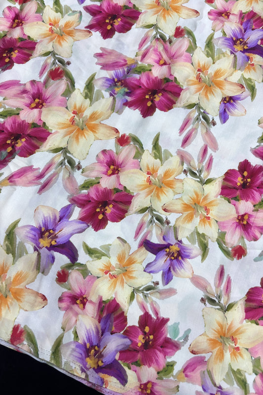 Water Lillie's Printed Off White Modal Satin Floral Fabric