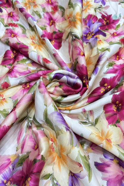 Water Lillie's Printed Off White Modal Satin Floral Fabric