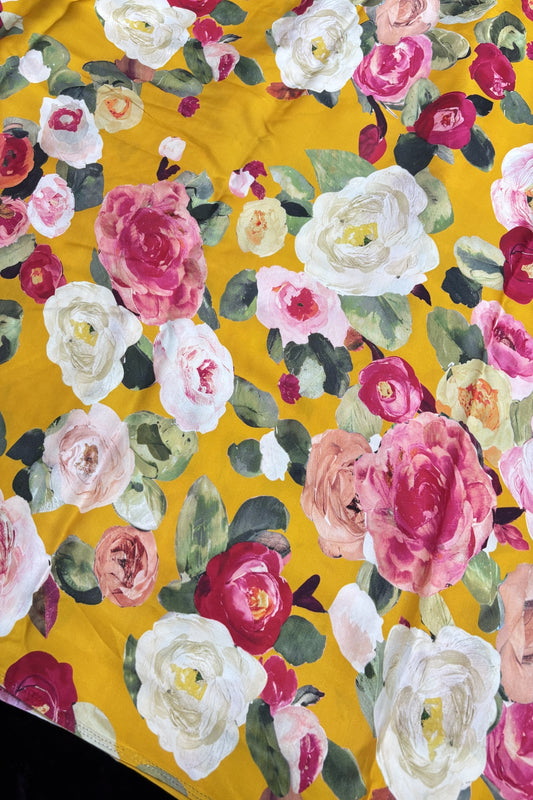 Moutan Peony Floral Printed Sunshine Yellow Modal Satin Fabric