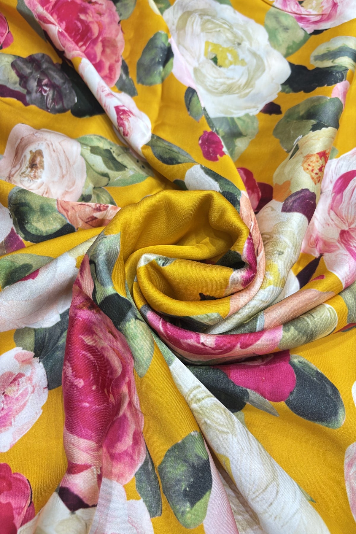 Moutan Peony Floral Printed Sunshine Yellow Modal Satin Fabric