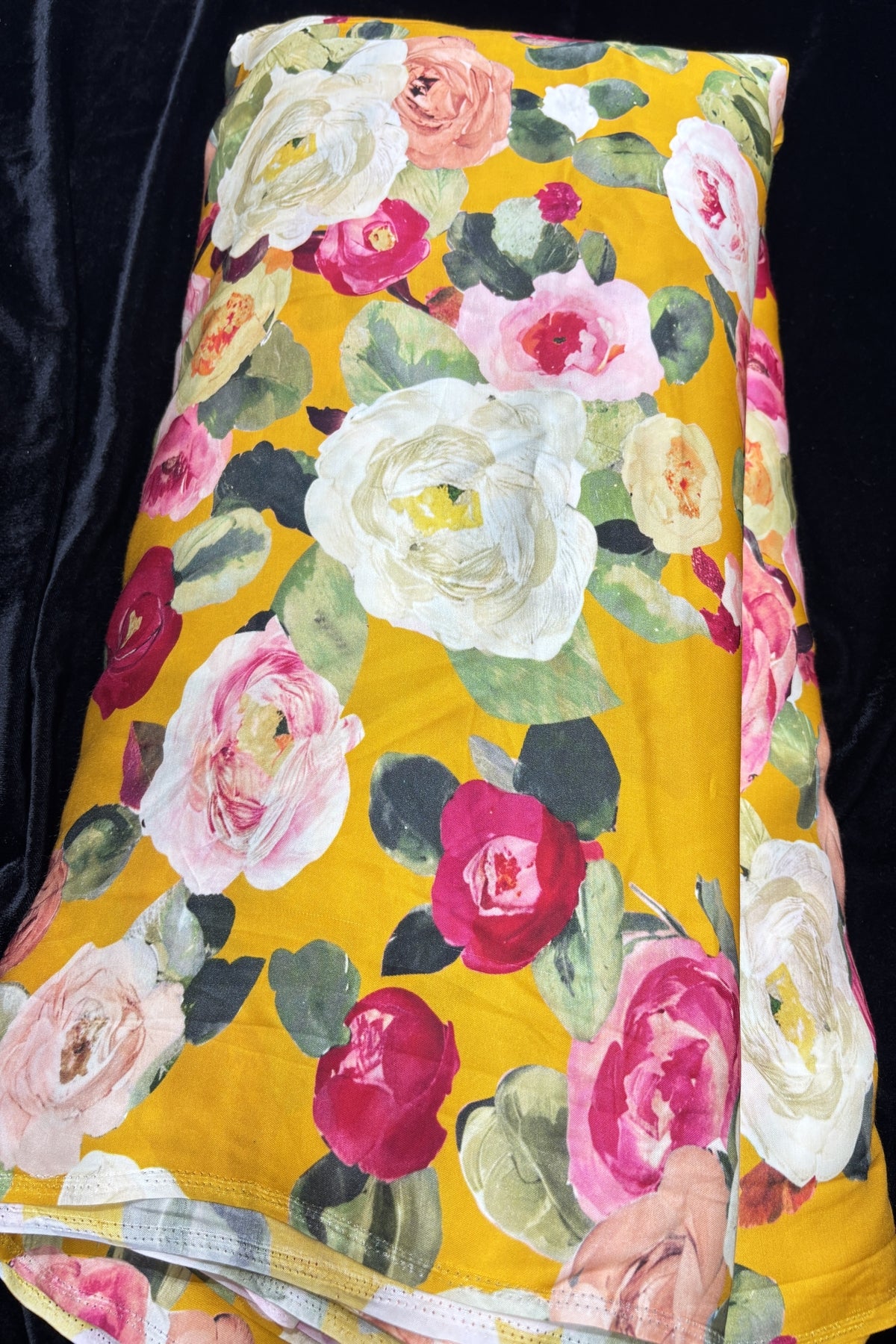 Moutan Peony Floral Printed Sunshine Yellow Modal Satin Fabric