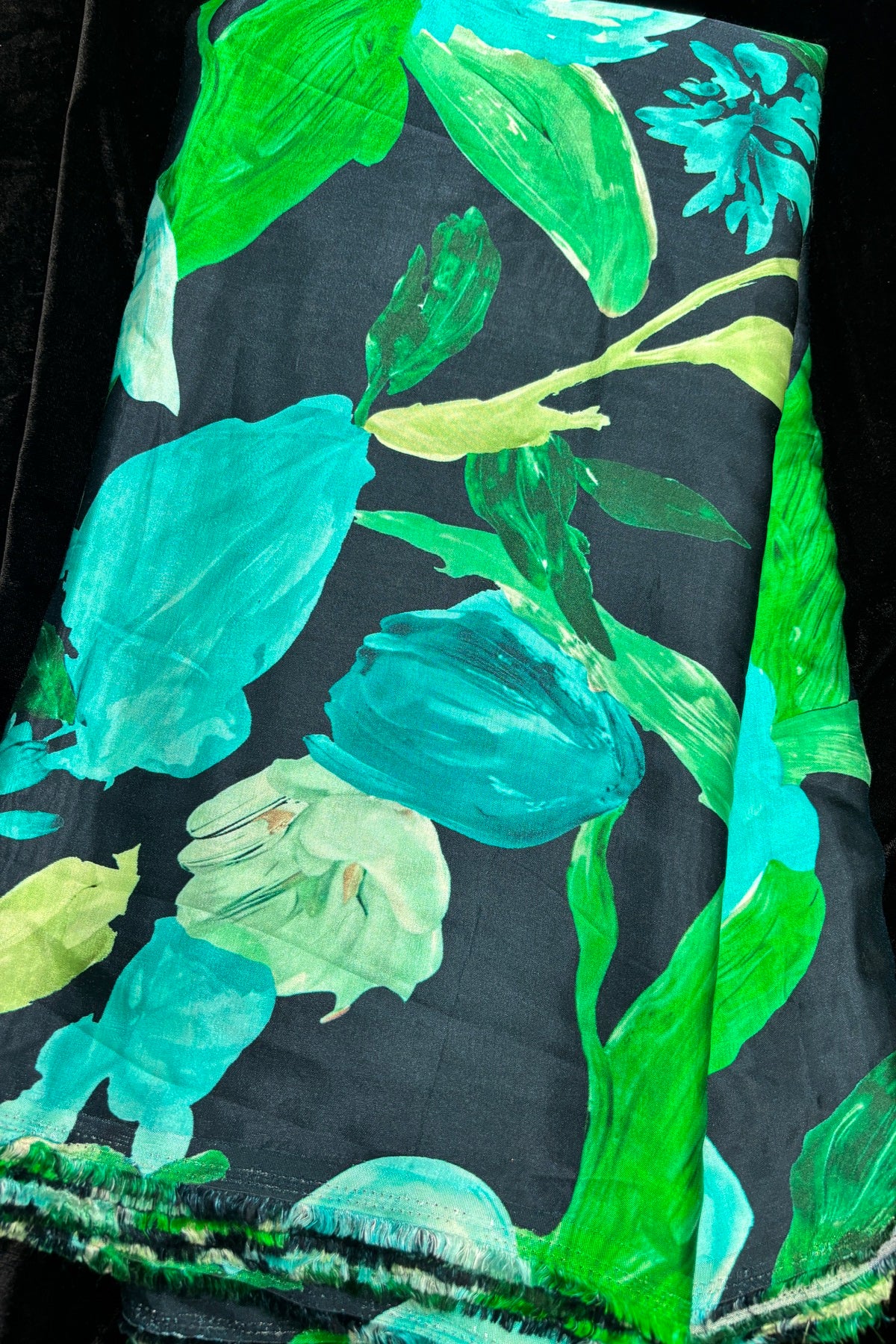 Aquamarine Floral Printed Midnight Blue Modal Satin Fabric