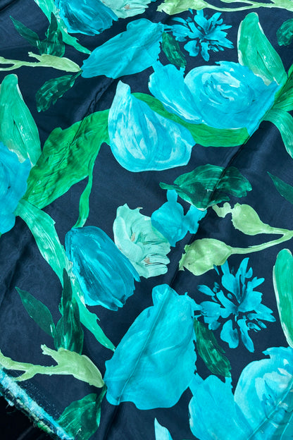Aquamarine Floral Printed Midnight Blue Modal Satin Fabric