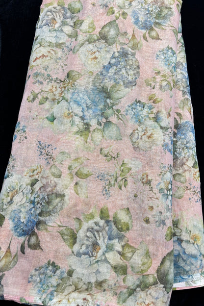 Hyderanges Floral Printed Old Rose Pure Tissue Chanderi Fabric
