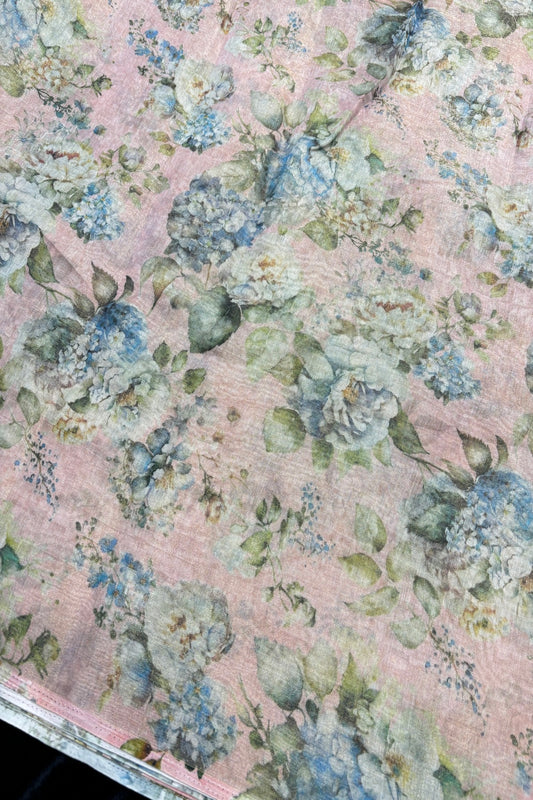 Hyderanges Floral Printed Old Rose Pure Tissue Chanderi Fabric