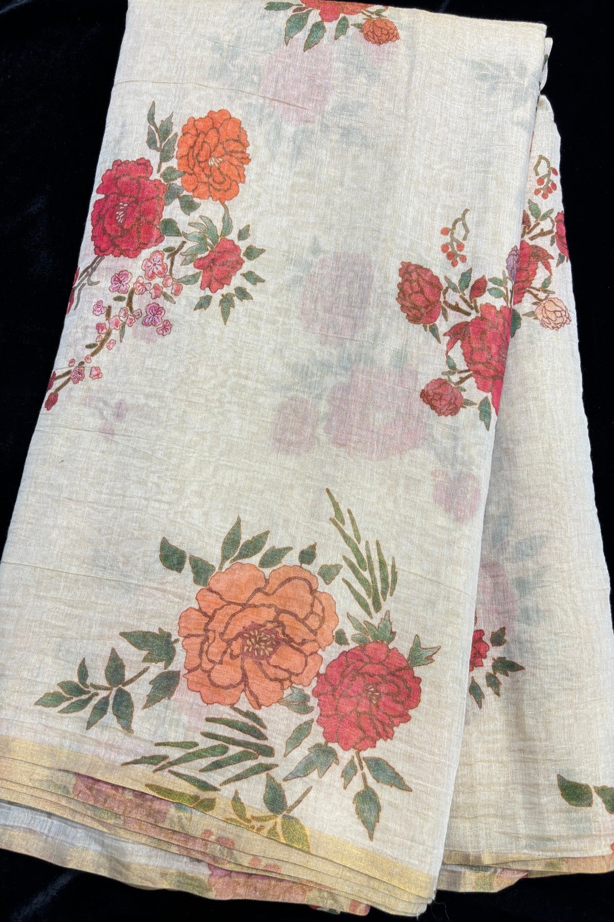 Red Roses Printed Pure Natural Cream Tissue Chanderi Fabric