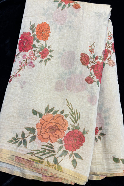 Red Roses Printed Pure Natural Cream Tissue Chanderi Fabric