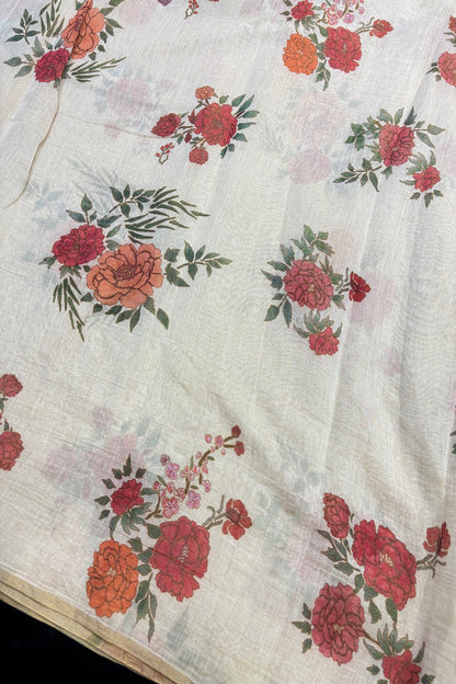 Red Roses Printed Pure Natural Cream Tissue Chanderi Fabric