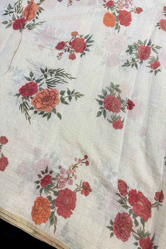 Red Roses Printed Pure Natural Cream Tissue Chanderi Fabric