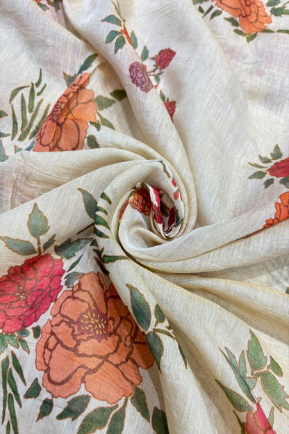 Red Roses Printed Pure Natural Cream Tissue Chanderi Fabric