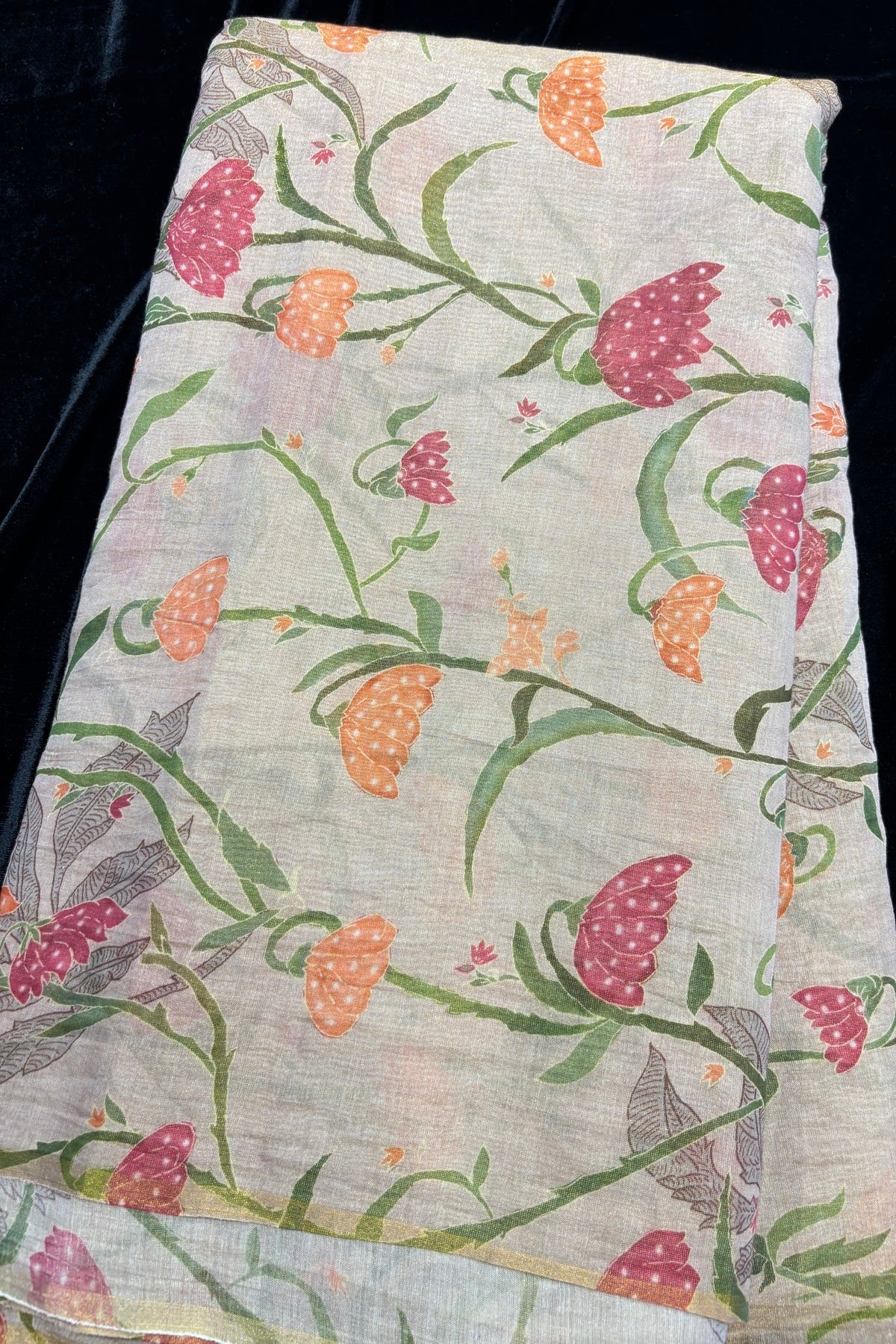 Tapered Flowers Printed Rosy Brown Pure Tissue Chanderi Fabric