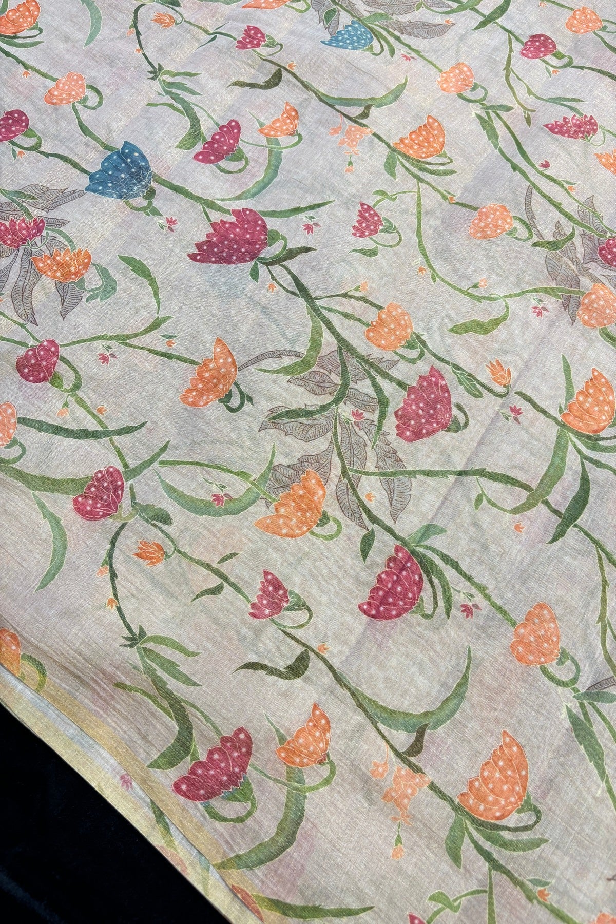 Tapered Flowers Printed Rosy Brown Pure Tissue Chanderi Fabric