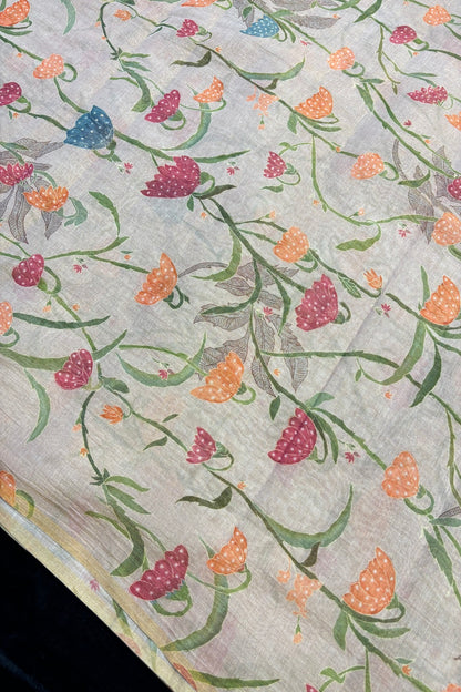 Tapered Flowers Printed Rosy Brown Pure Tissue Chanderi Fabric
