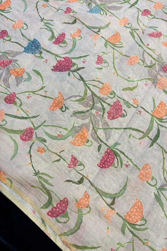 Tapered Flowers Printed Rosy Brown Pure Tissue Chanderi Fabric