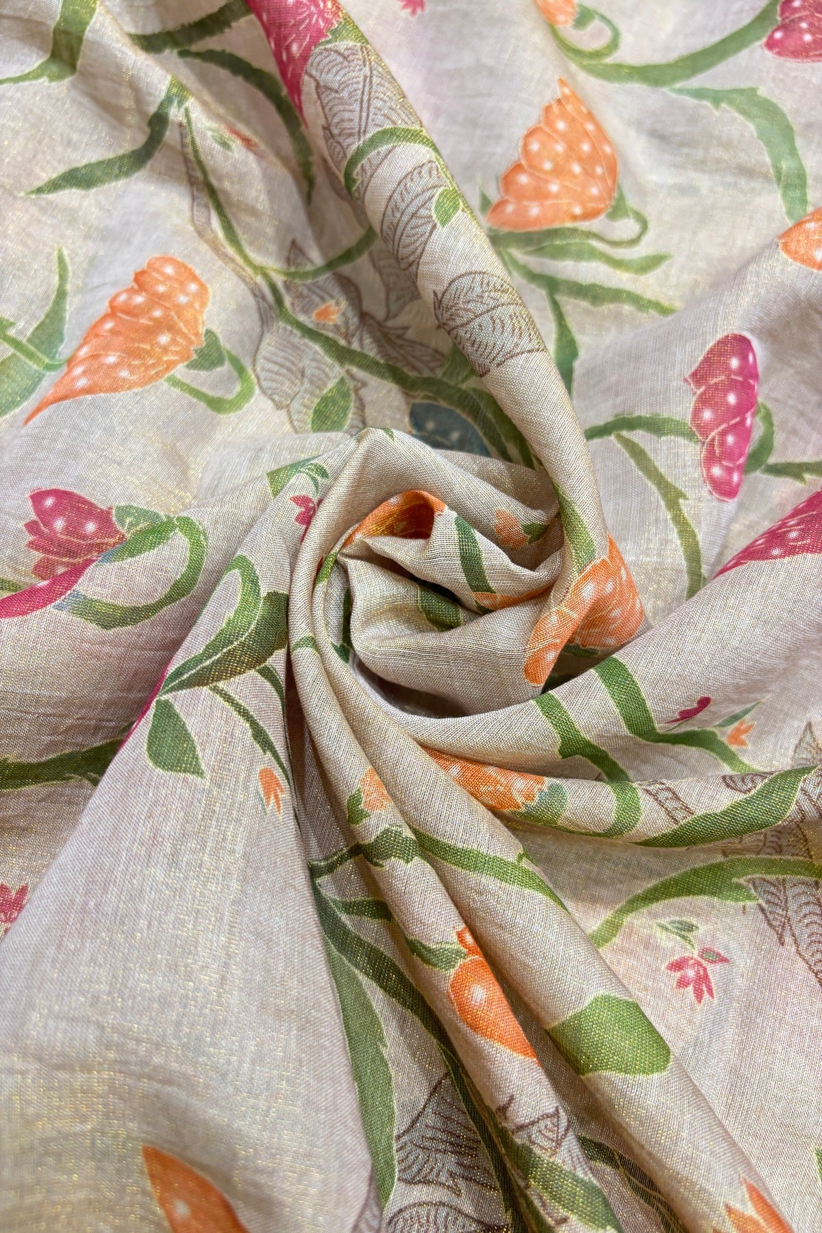 Tapered Flowers Printed Rosy Brown Pure Tissue Chanderi Fabric