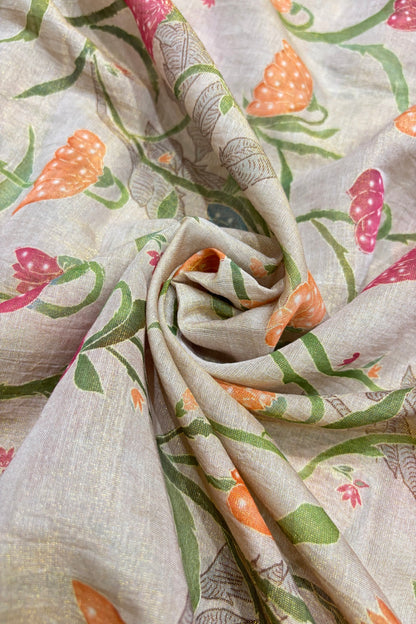 Tapered Flowers Printed Rosy Brown Pure Tissue Chanderi Fabric