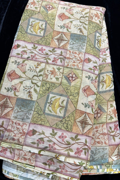 Traditional Floral & Geometric Motif Patterned Ivory Printed Pure Tissue Chanderi Fabric