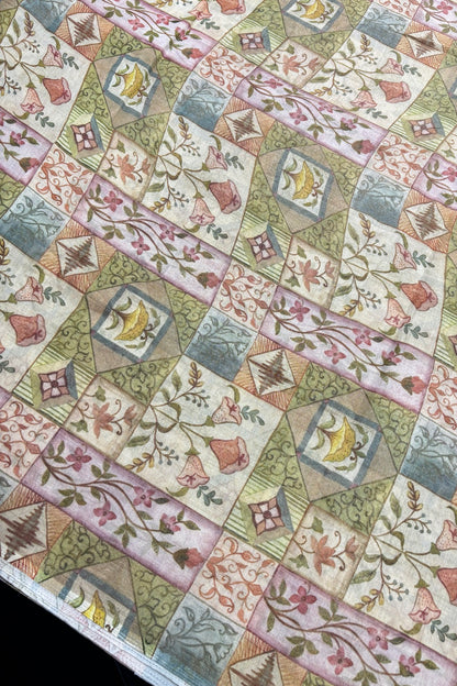 Traditional Floral & Geometric Motif Patterned Ivory Printed Pure Tissue Chanderi Fabric