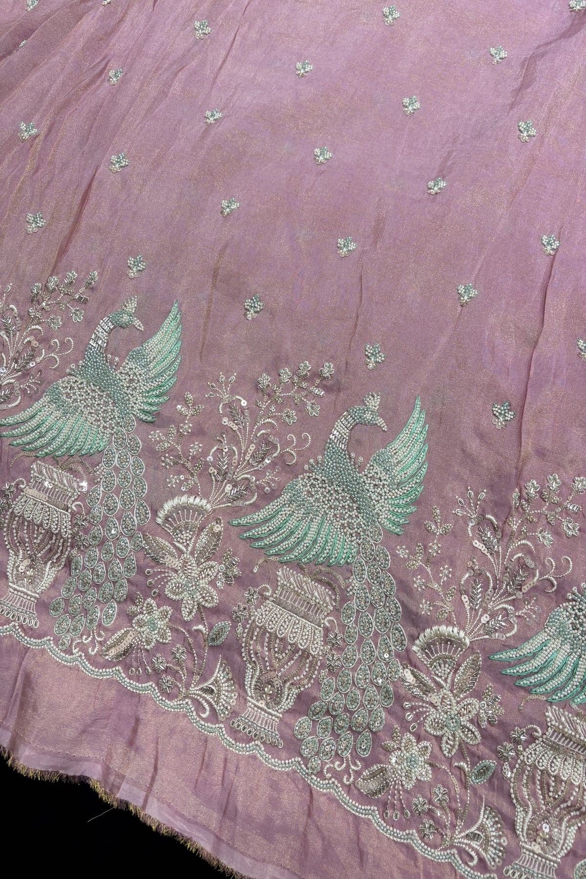 Peafowl Atelier Embroidery With Scallops Edged Uppada Tissue Fabric