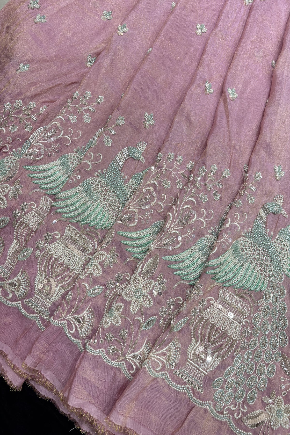 Peafowl Atelier Embroidery With Scallops Edged Uppada Tissue Fabric