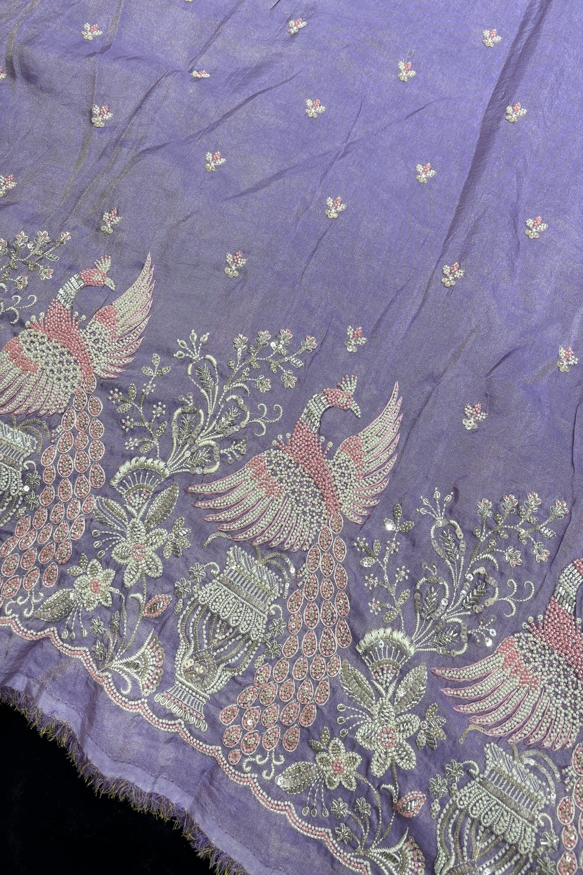 Peafowl Atelier Embroidery With Scallops Edged Uppada Tissue Fabric