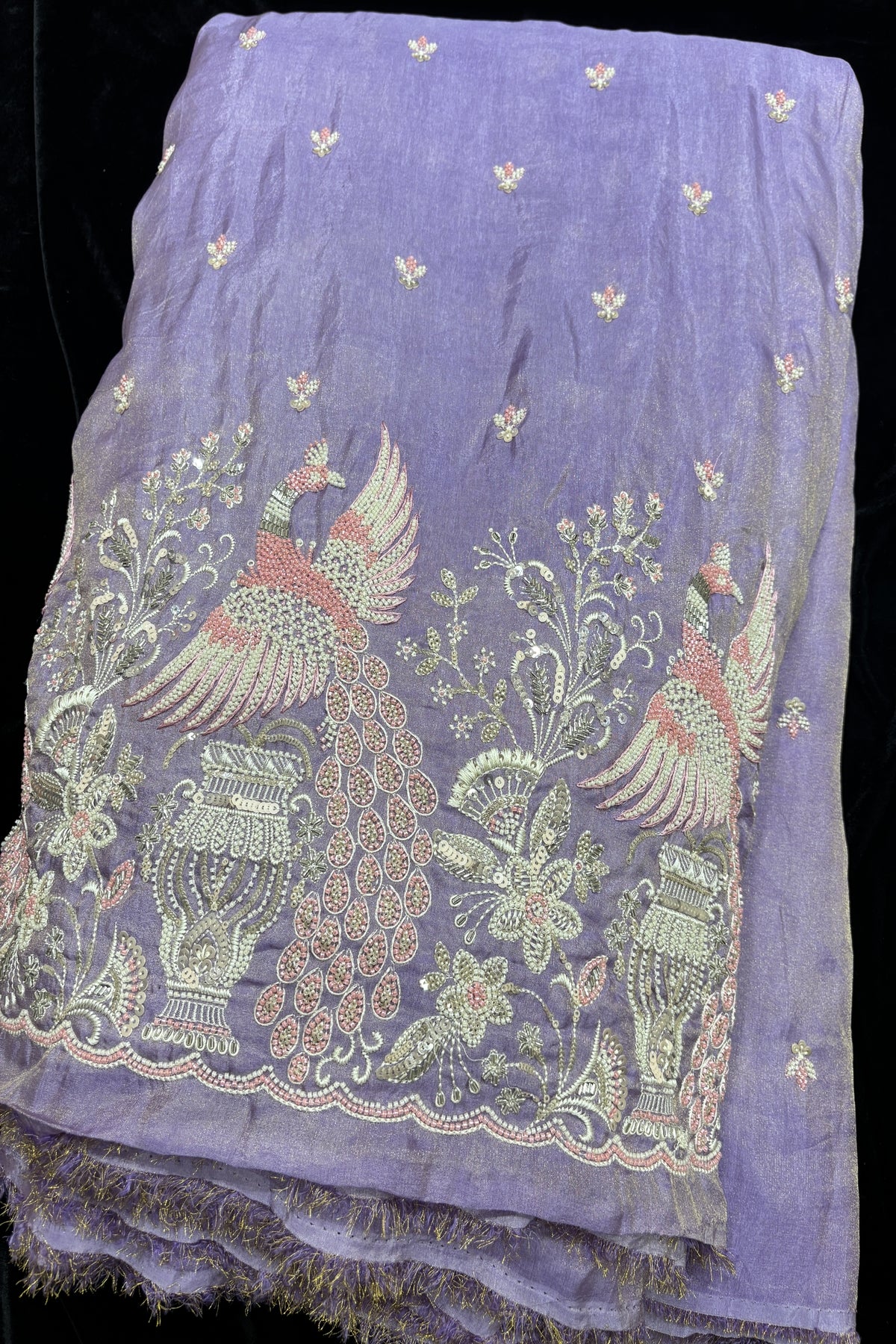 Peafowl Atelier Embroidery With Scallops Edged Uppada Tissue Fabric