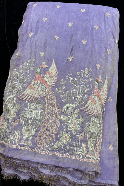 Peafowl Atelier Embroidery With Scallops Edged Uppada Tissue Fabric